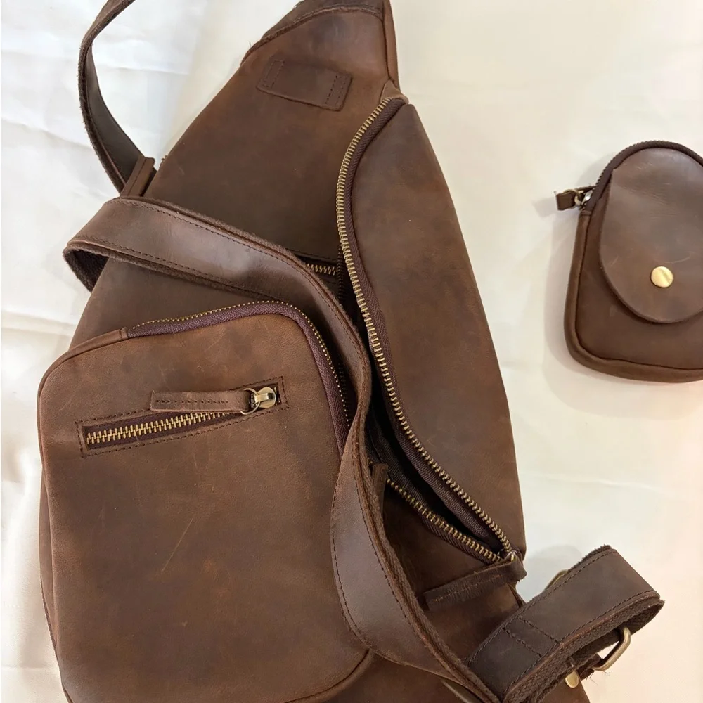 Vintage Distressed Leather Sling Backpack Crossbody Chest Bag Travel EDC Brown